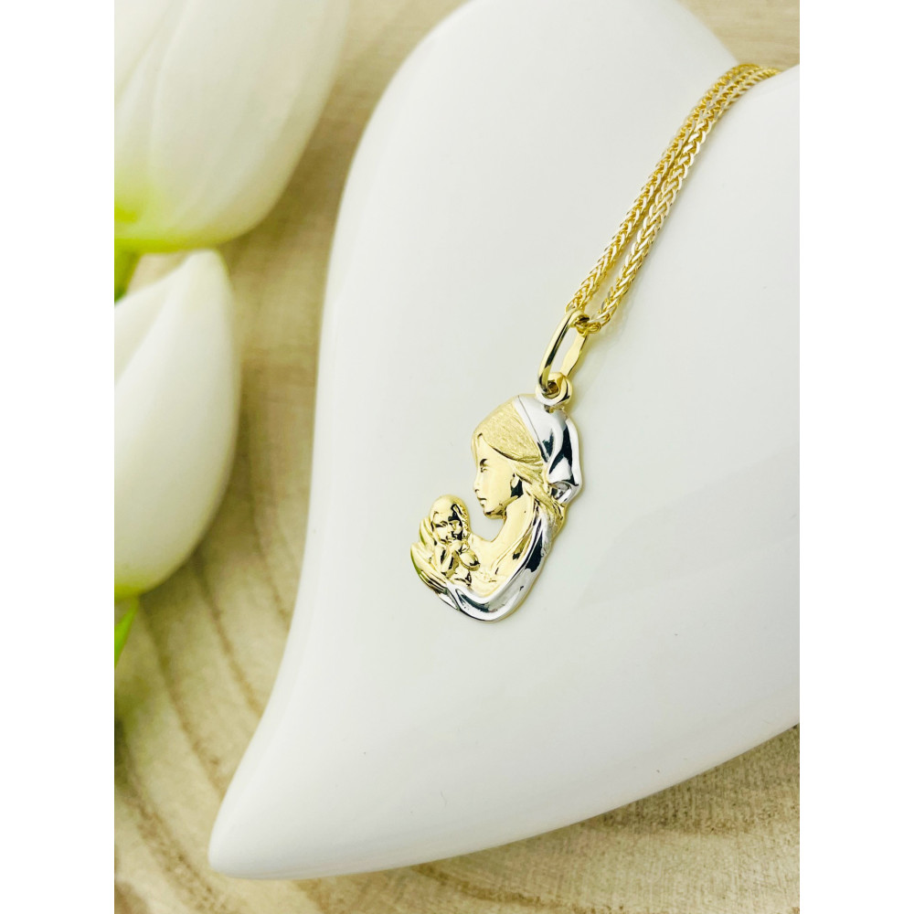 Złoty Medalik Zawieszka Matka Boska z Dzieciątkiem Jezus Chrzest Komunia bikolor