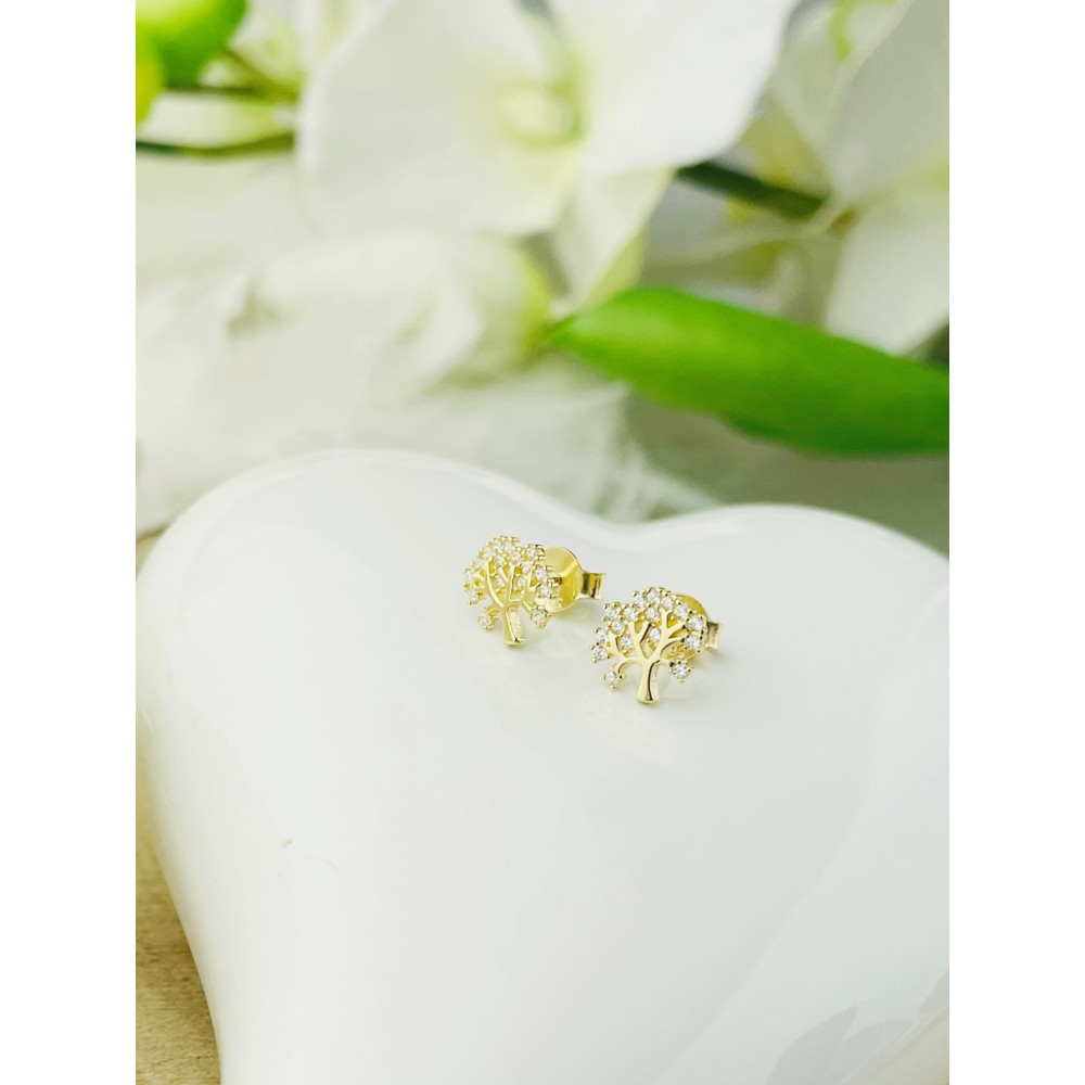 Baum Creolen Ohrringe mit Zirkonia Ohrhänger Ohrstecker Ohrschmuck Paar Gelbgold 585er 14KT