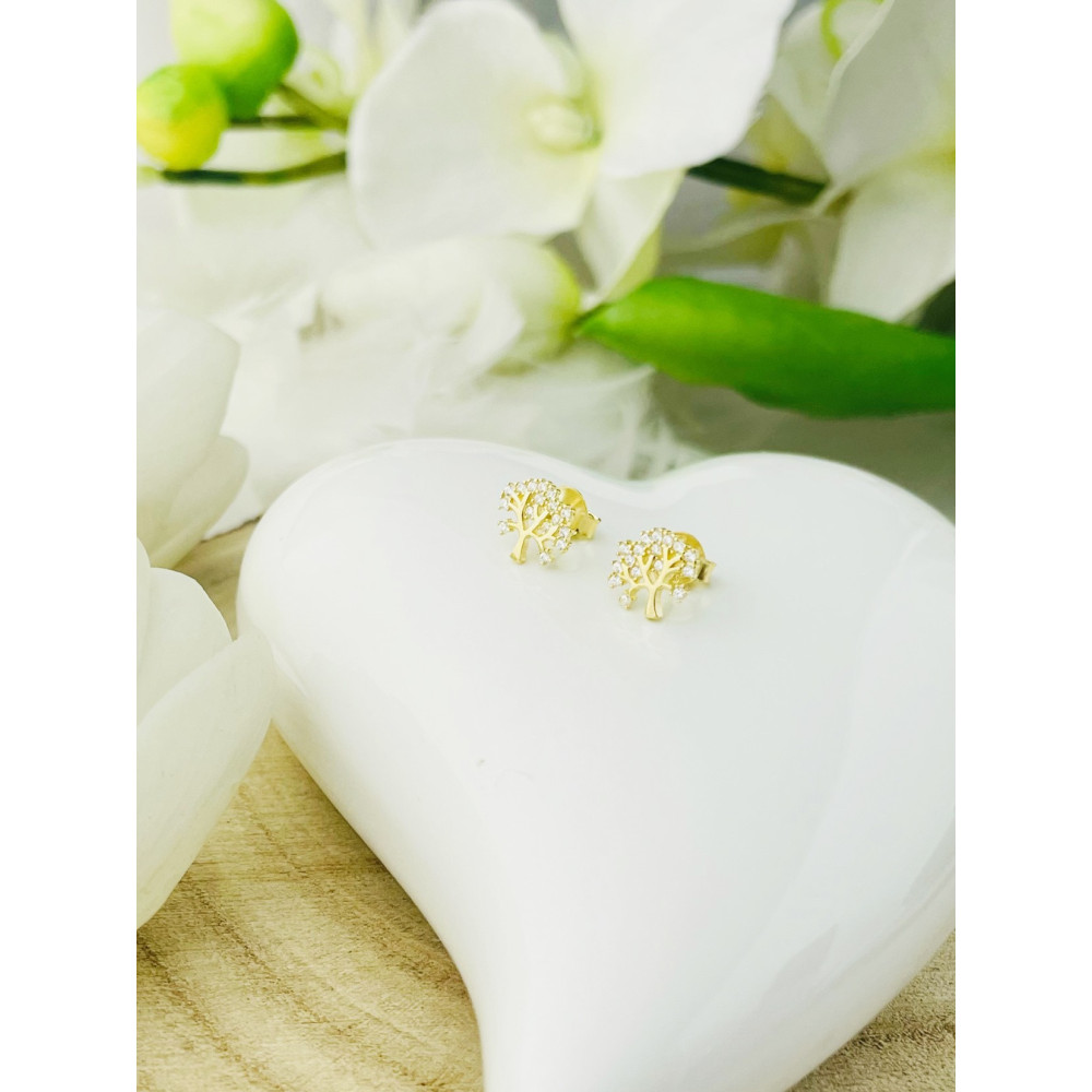 Baum Creolen Ohrringe mit Zirkonia Ohrhänger Ohrstecker Ohrschmuck Paar Gelbgold 585er 14KT