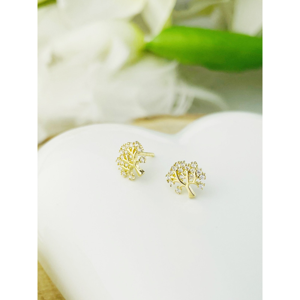 Baum Creolen Ohrringe mit Zirkonia Ohrhänger Ohrstecker Ohrschmuck Paar Gelbgold 585er 14KT