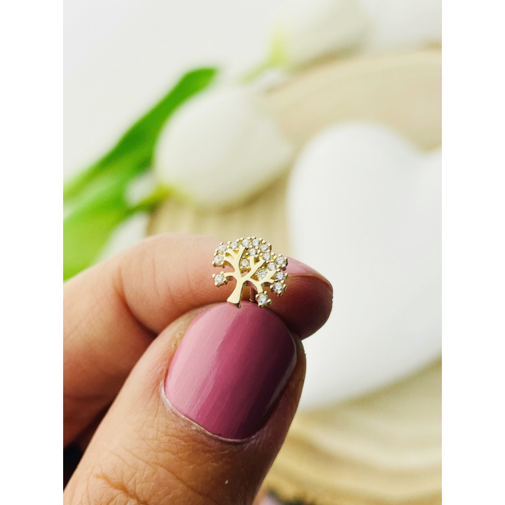 Baum Creolen Ohrringe mit Zirkonia Ohrhänger Ohrstecker Ohrschmuck Paar Gelbgold 585er 14KT