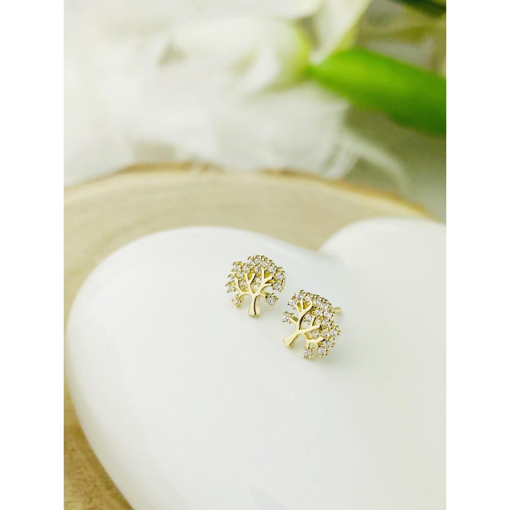 Baum Creolen Ohrringe mit Zirkonia Ohrhänger Ohrstecker Ohrschmuck Paar Gelbgold 585er 14KT