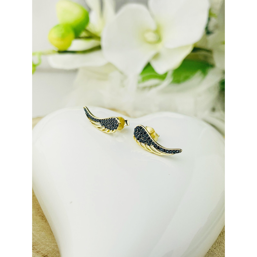 Gold Ohrringe Flügel Ohrhänger mit Onyx Ohrstecker Ohrschmuck Gelbgold Gold 585er 14KT