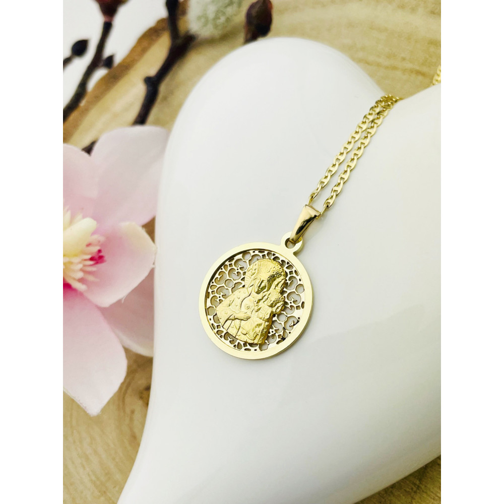 Złoty Medalik Zawieszka Matka Boska Częstochowska ażurowy zdobiony Chrzest Komunia