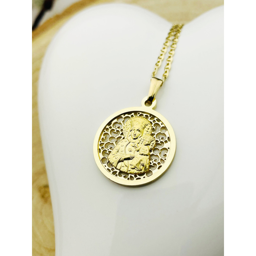 Złoty Medalik Zawieszka Matka Boska Częstochowska ażurowy zdobiony Chrzest Komunia