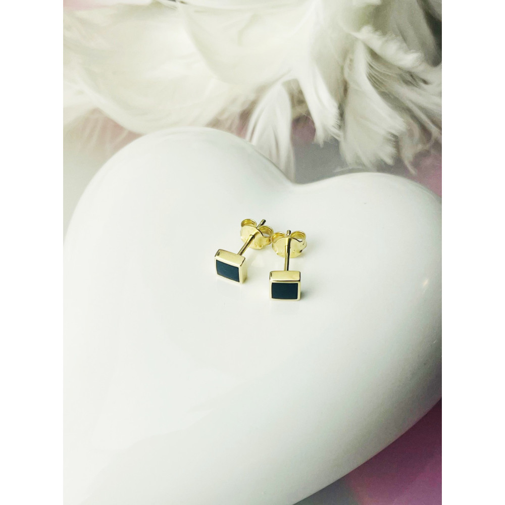 Quadrat Ohrringe Ohrhänger Ohrstecker Ohrschmuck mit Onyx Gelbgold Paar 585er 14KT