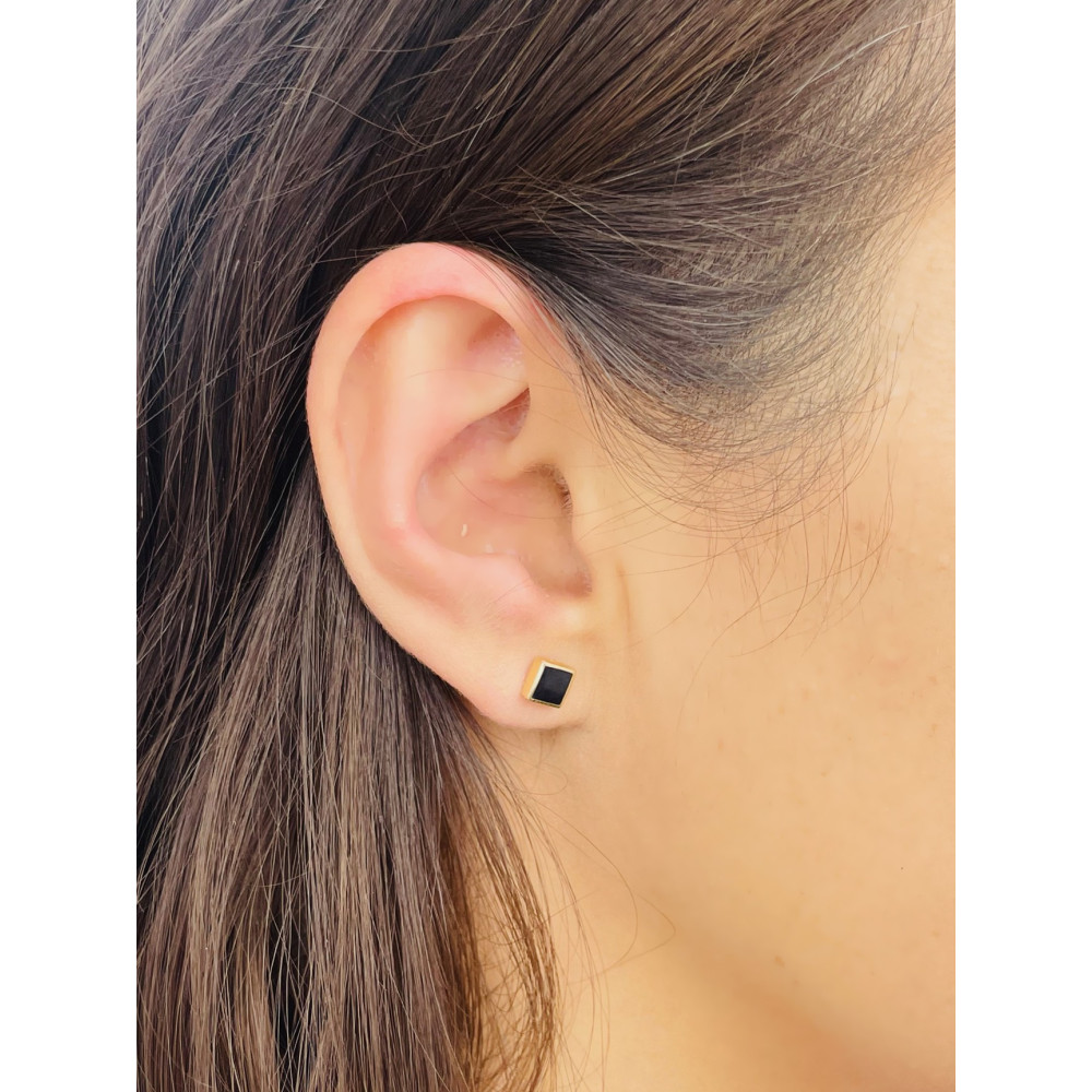 Quadrat Ohrringe Ohrhänger Ohrstecker Ohrschmuck mit Onyx Gelbgold Paar 585er 14KT
