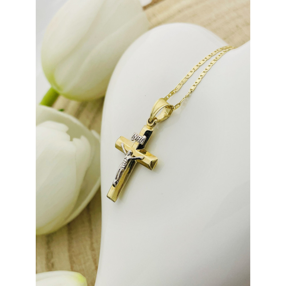 Złoty krzyżyk Jezus Chrystus INRI bikolor Komunia Chrzest