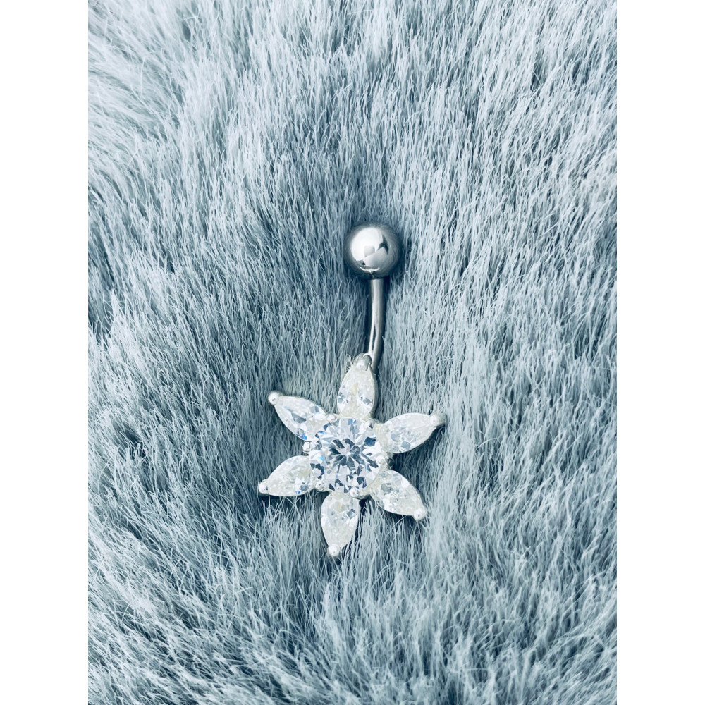 Srebrny kolczyk do pępka z cyrkonią kwiatek