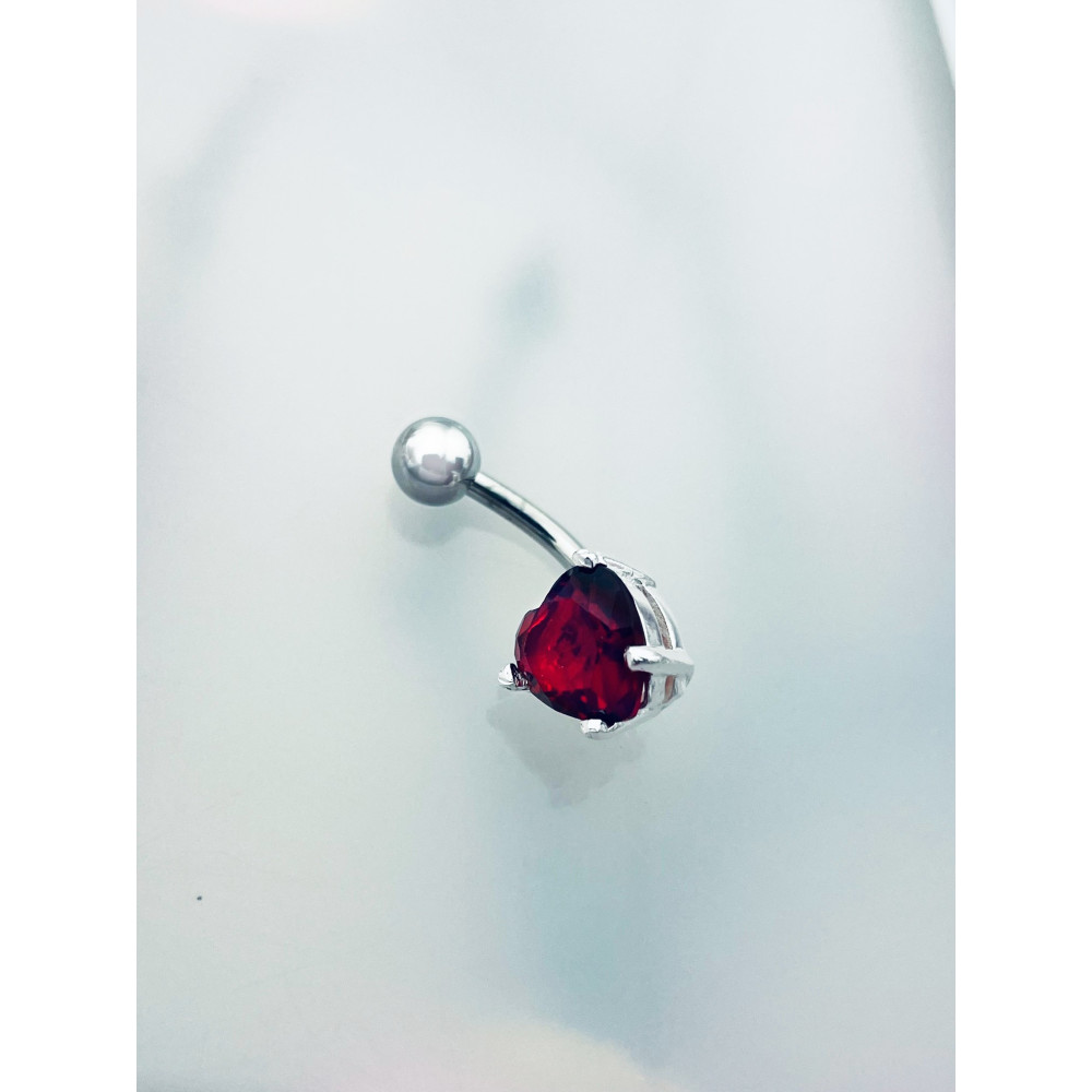 Srebrny kolczyk do pępka z czerwoną cyrkonią serce serduszko