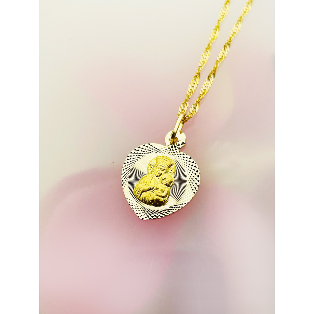 Złoty Medalik Zawieszka serce Matka Boska Częstochowska Chrzest Komunia