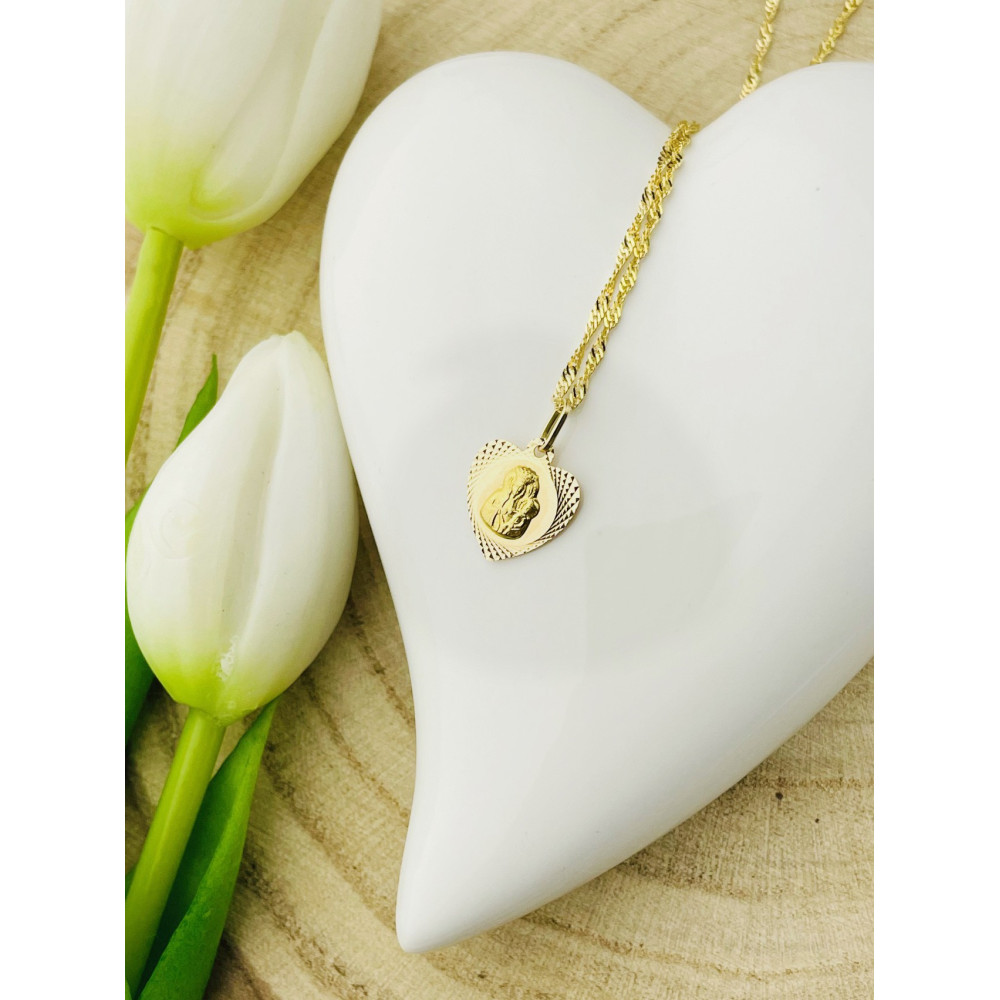 Złoty Medalik Zawieszka serce Matka Boska Częstochowska Chrzest Komunia szkaplerz