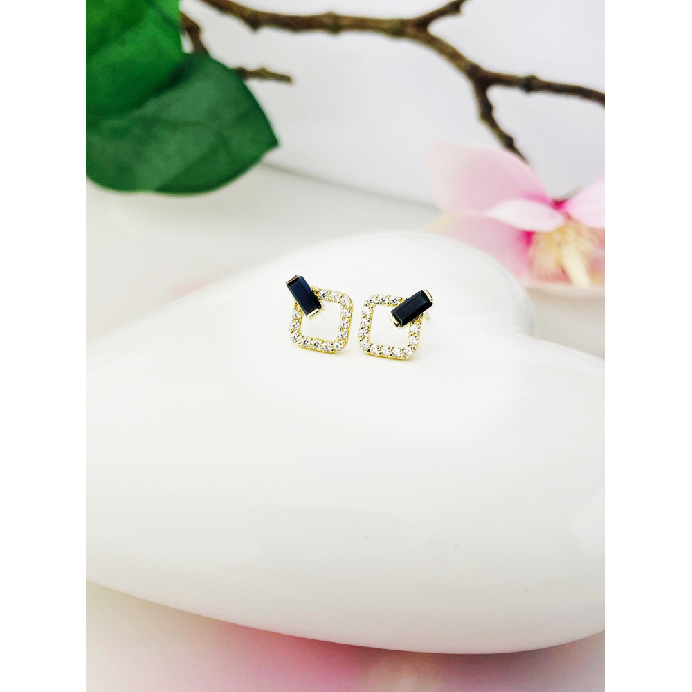 Quadrat mit Zirkonia Ohrringe mit Onyx Ohrhänger Ohrstecker Ohrschmuck Gelbgold Paar Gold 585er 14KT