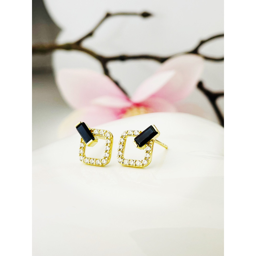 Quadrat mit Zirkonia Ohrringe mit Onyx Ohrhänger Ohrstecker Ohrschmuck Gelbgold Paar Gold 585er 14KT