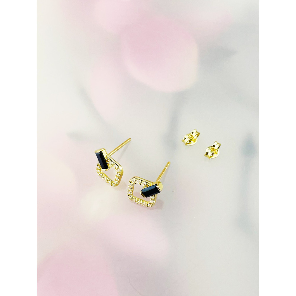 Quadrat mit Zirkonia Ohrringe mit Onyx Ohrhänger Ohrstecker Ohrschmuck Gelbgold Paar Gold 585er 14KT