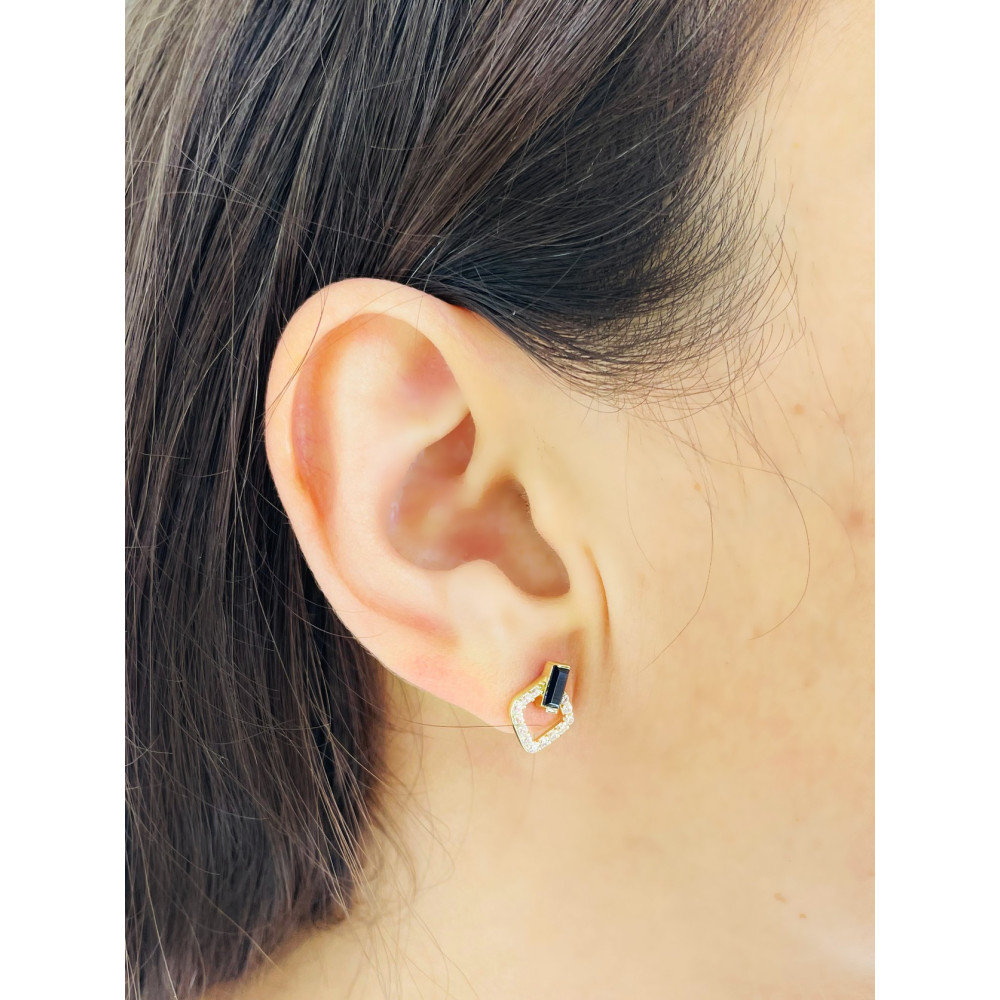 Quadrat mit Zirkonia Ohrringe mit Onyx Ohrhänger Ohrstecker Ohrschmuck Gelbgold Paar Gold 585er 14KT