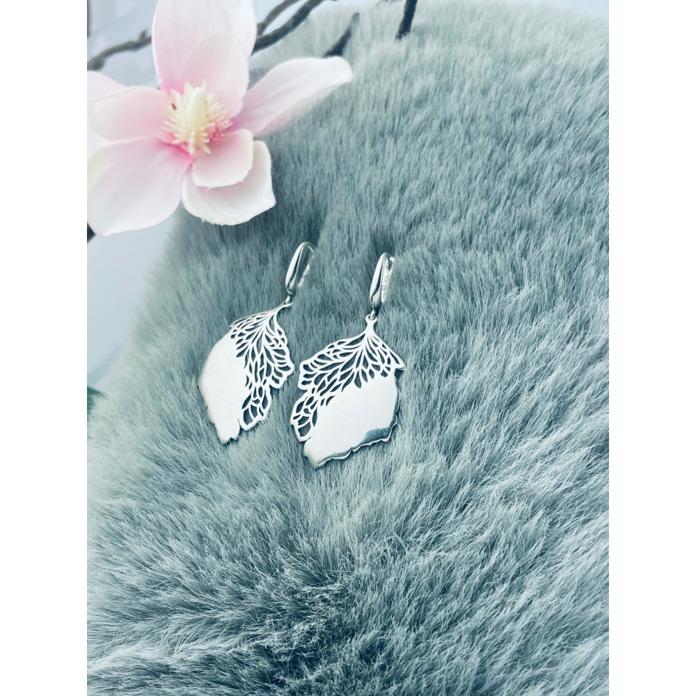 Srebrne kolczyki wiszące polerowane ażurowe listki liście