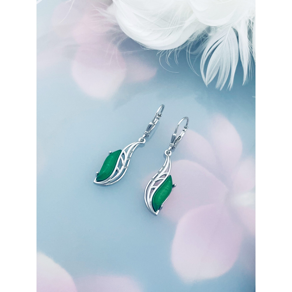 Srebrne kolczyki wiszące listki z zielonym obsydianem