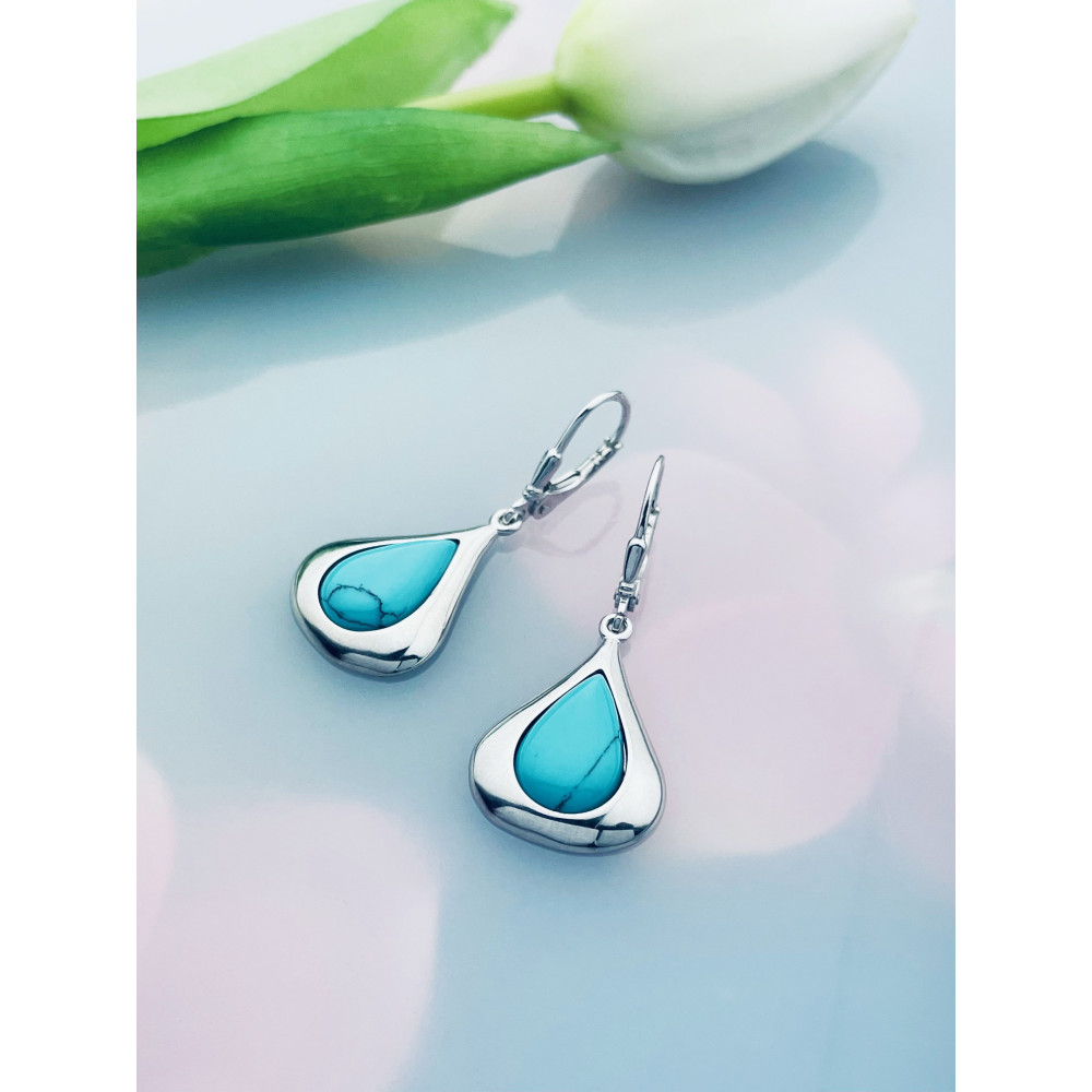 Srebrne kolczyki wiszące krople łezki z błękitnym turkusem