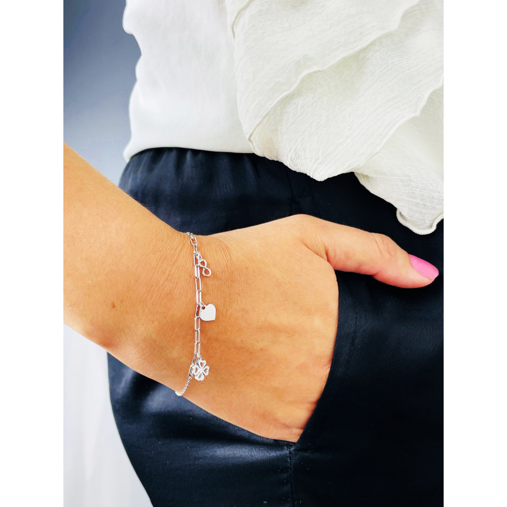 Srebrna bransoletka koniczynka serce nieskończoność