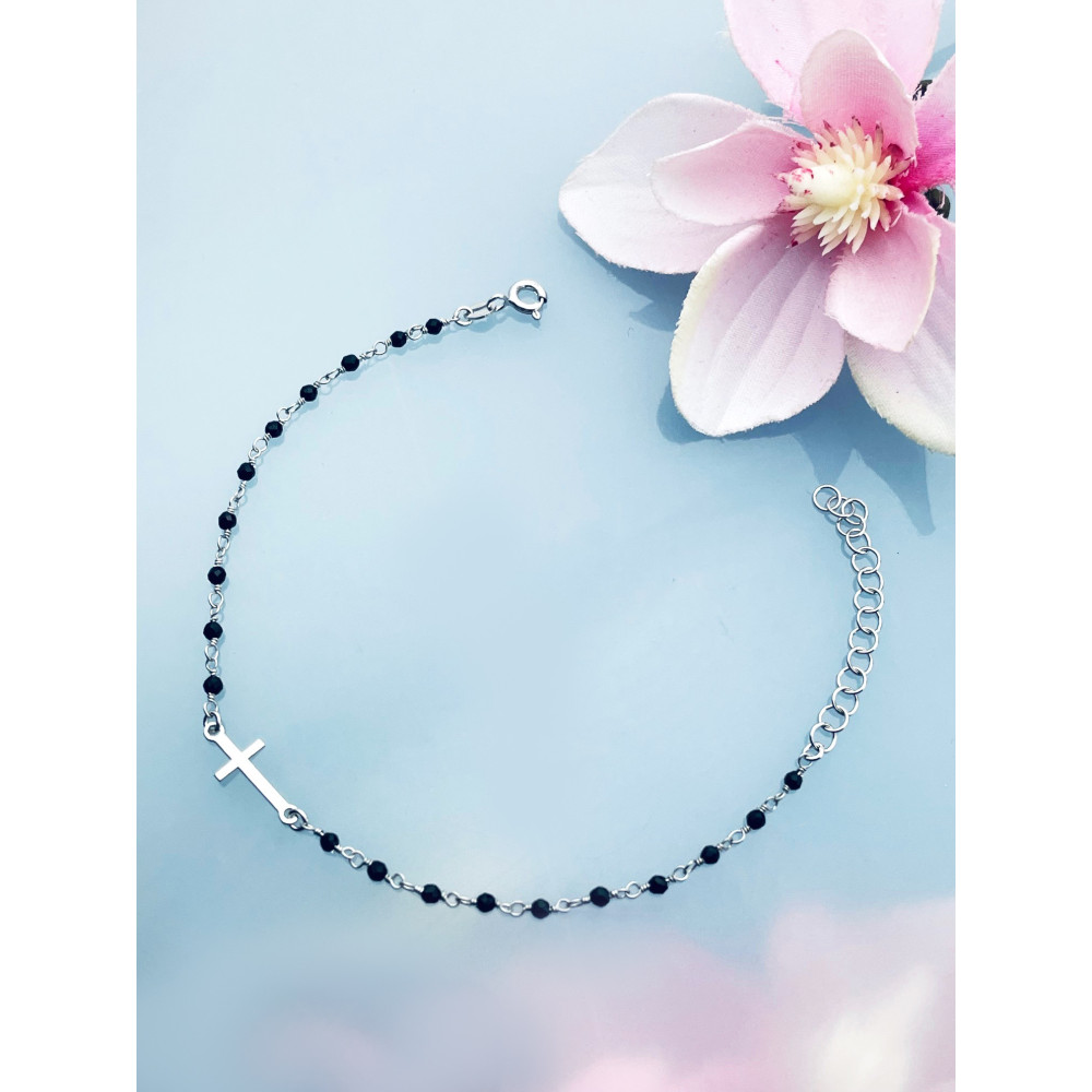 Kreuz Armband 925 Silber mit Onyx Damen Kinder