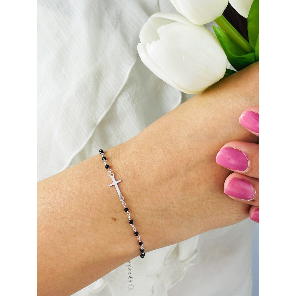 Kreuz Armband 925 Silber mit Onyx Damen Kinder