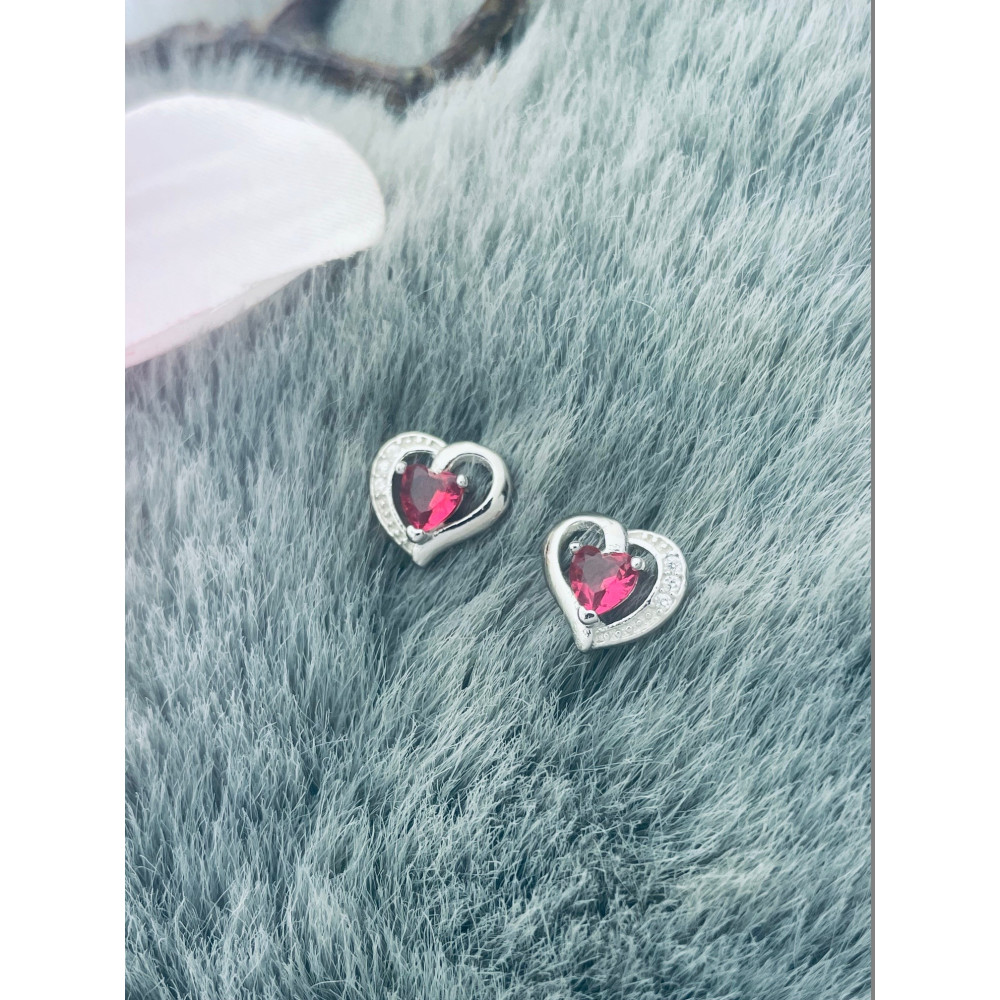 Srebrne kolczyki serca serduszka z cyrkoniami różowe