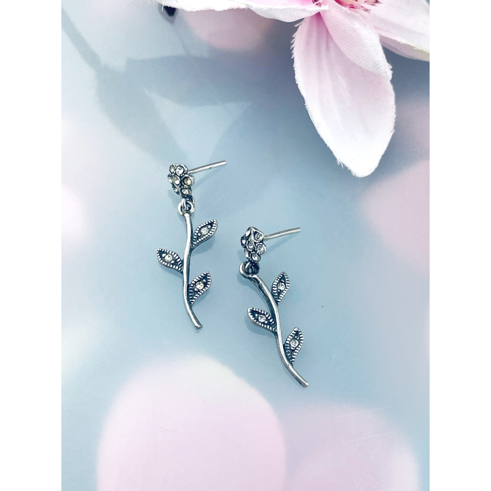 Srebrne kolczyki wiszące kwiaty cyrkoniami kwiatuszki retro vintage