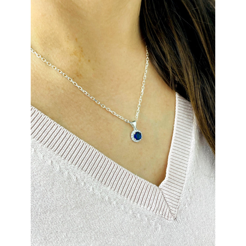 Srebrny wisiorek zawieszka okrągła z cyrkoniami szafirowa karmazycja