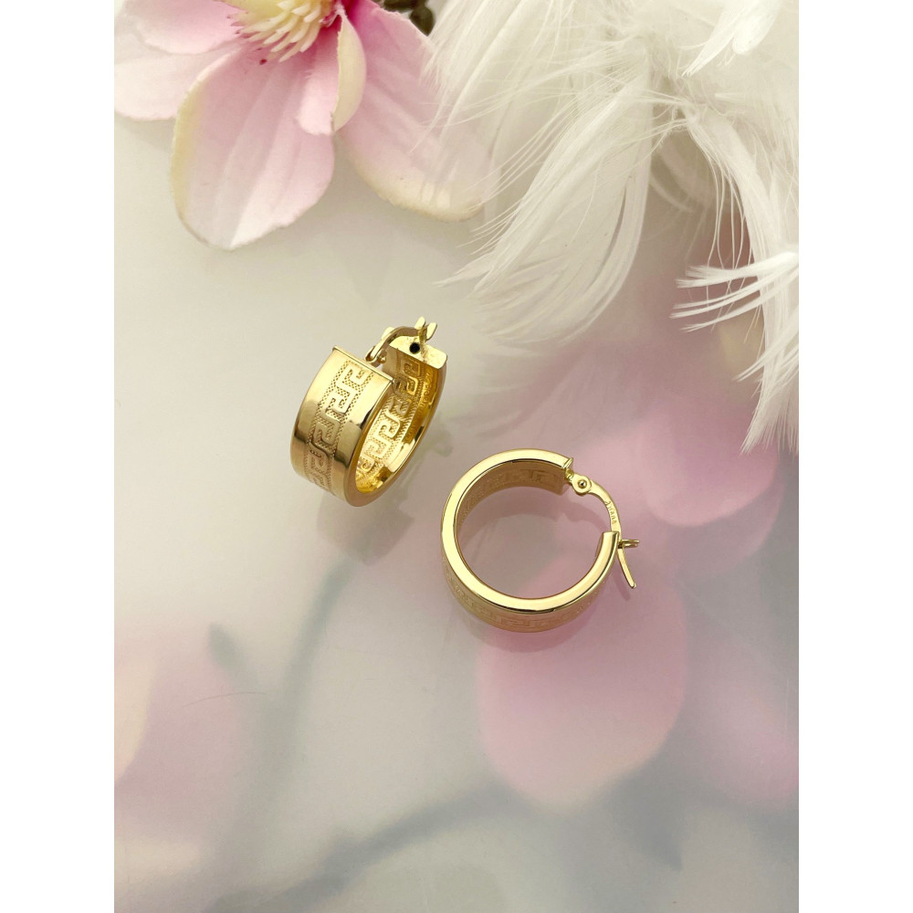 Złote kolczyki szerokie koła z greckim wzorem