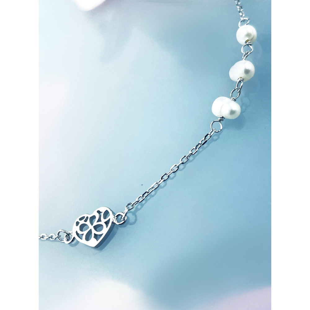 Srebrna bransoletka serce serduszko perły
