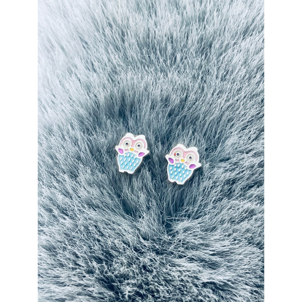 Srebrne kolczyki sowy sówki z emalią błękitne