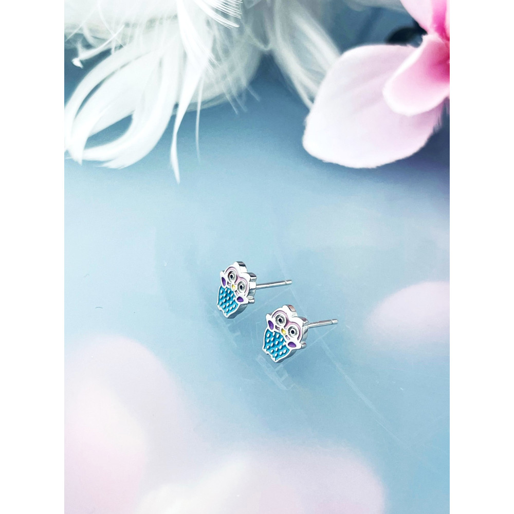 Srebrne kolczyki sowy sówki z emalią błękitne
