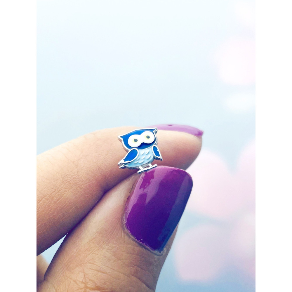 Srebrne kolczyki sowy sówki z emalią niebieskie