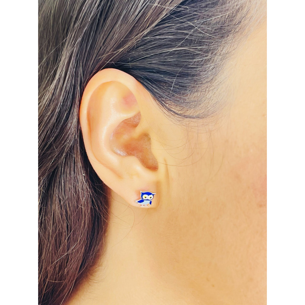 Srebrne kolczyki sowy sówki z emalią niebieskie