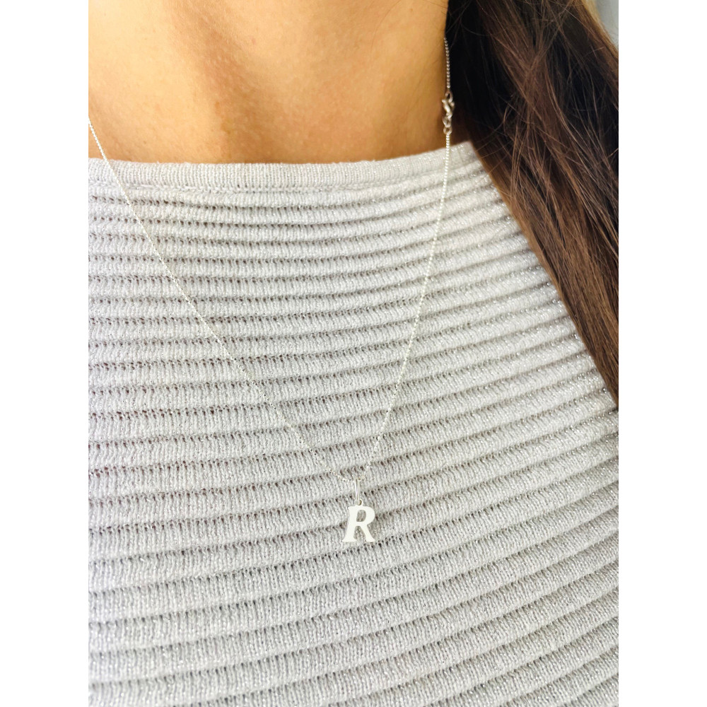 Elegancki naszyjnik łańcuszek srebrny zawieszka literka litera R srebrna alfabet