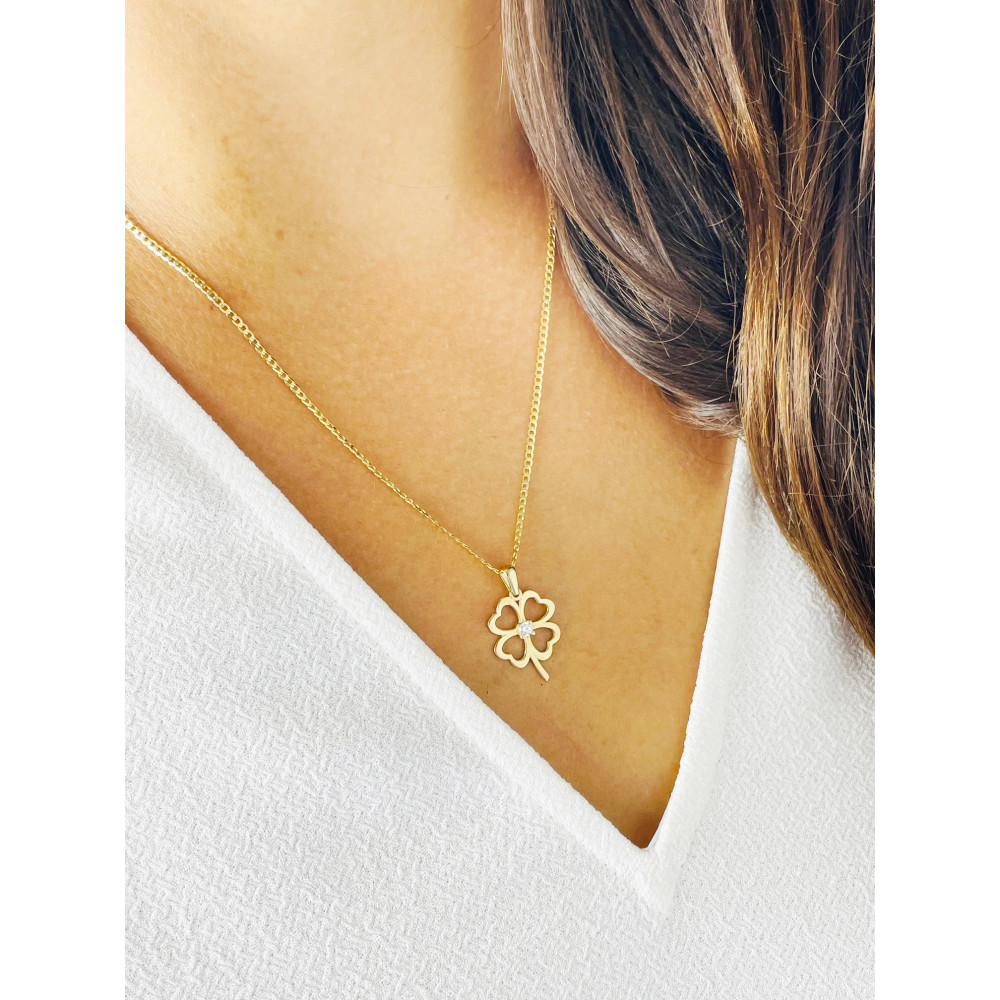 Złoty wisiorek zawieszka koniczynka ażurowa z cyrkonią