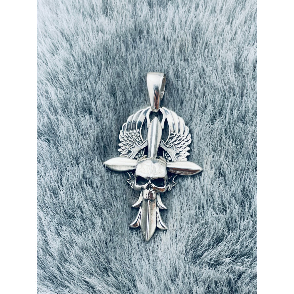 Kreuz mit Totenkopf und Flügeln Silber Anhänger Kreuz