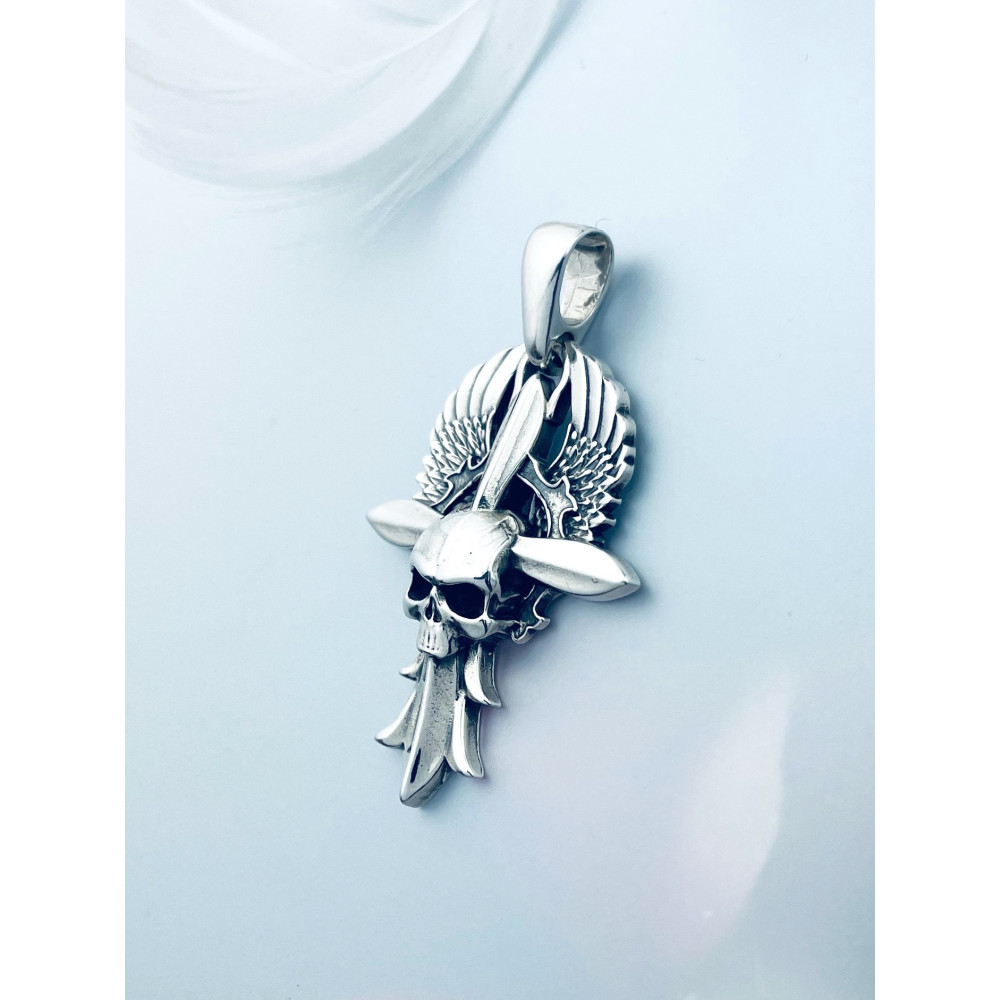 Kreuz mit Totenkopf und Flügeln Silber Anhänger Kreuz