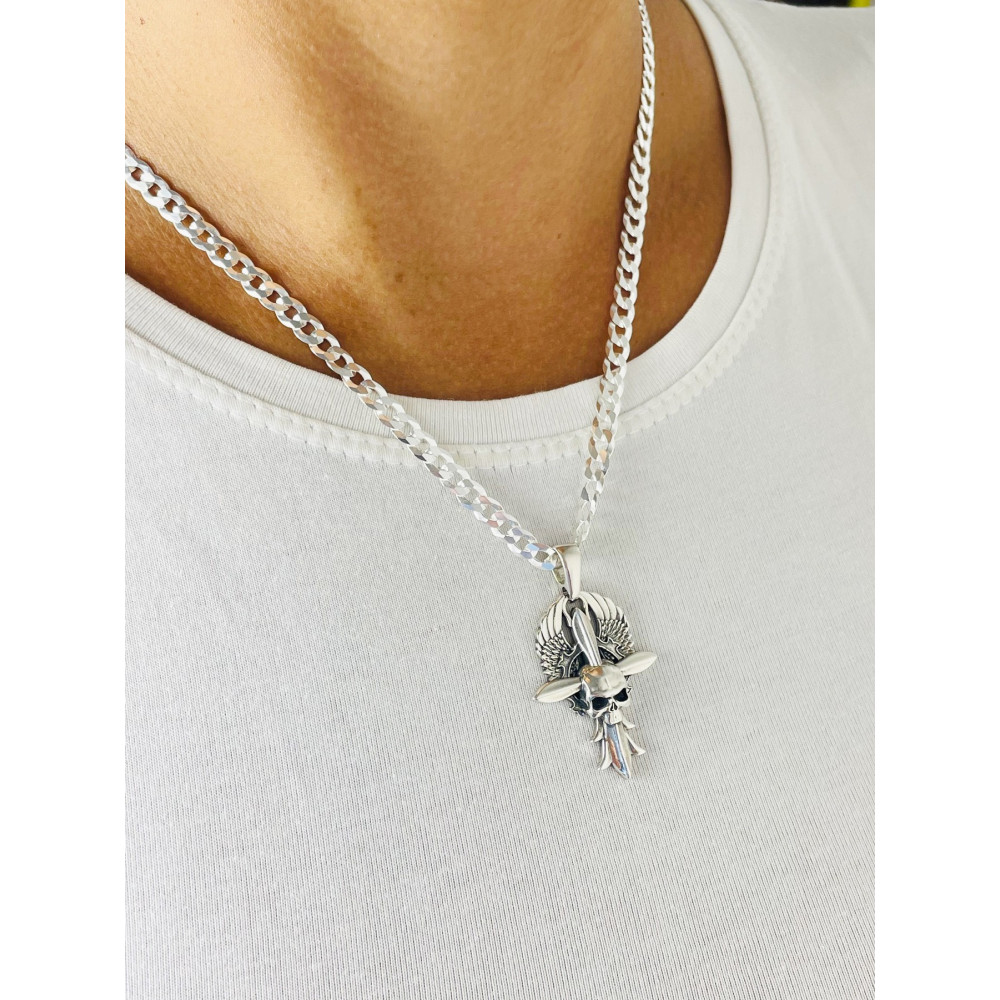 Kreuz mit Totenkopf und Flügeln Silber Anhänger Kreuz