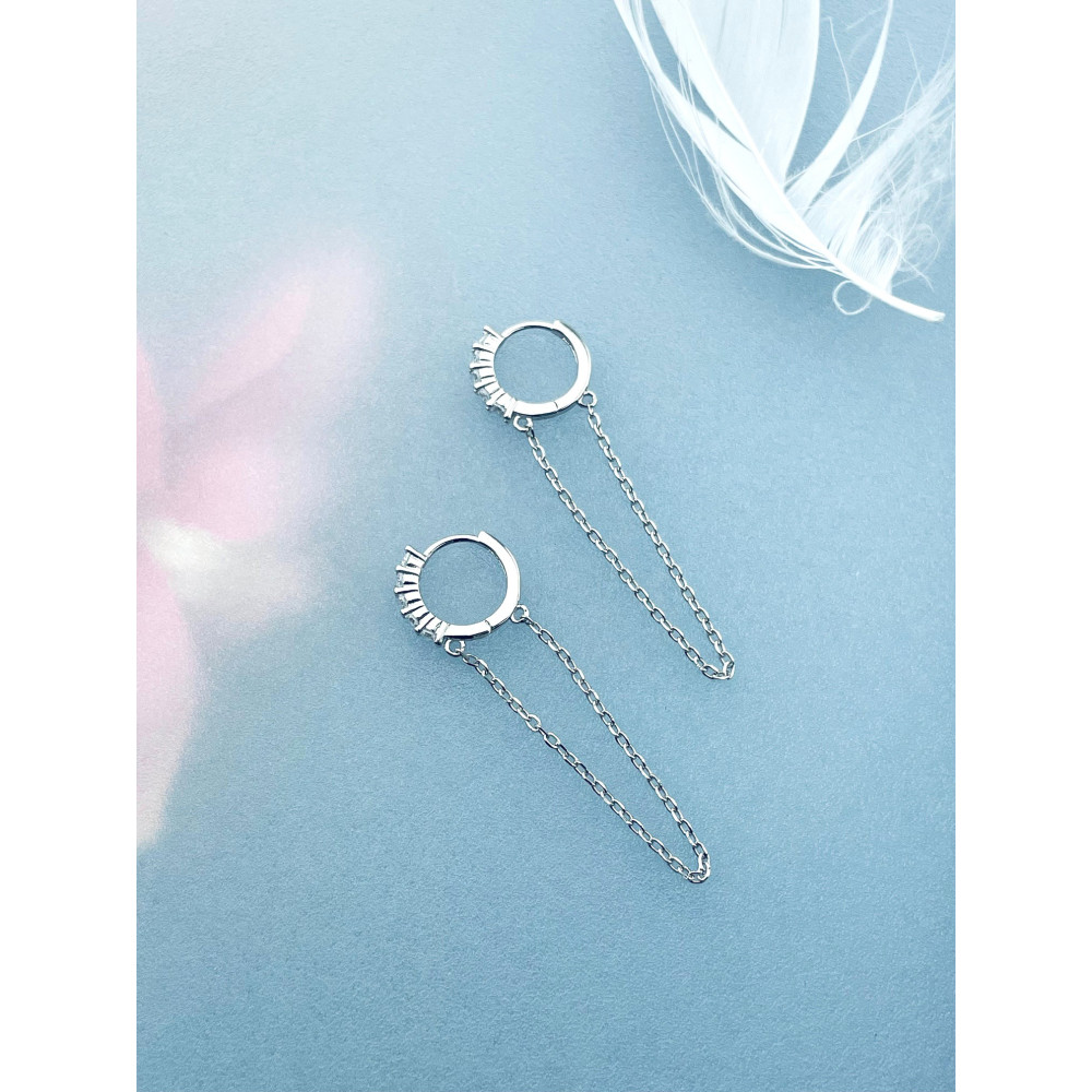 Srebrne kolczyki wiszące z cyrkoniami koła z łańcuszkiem