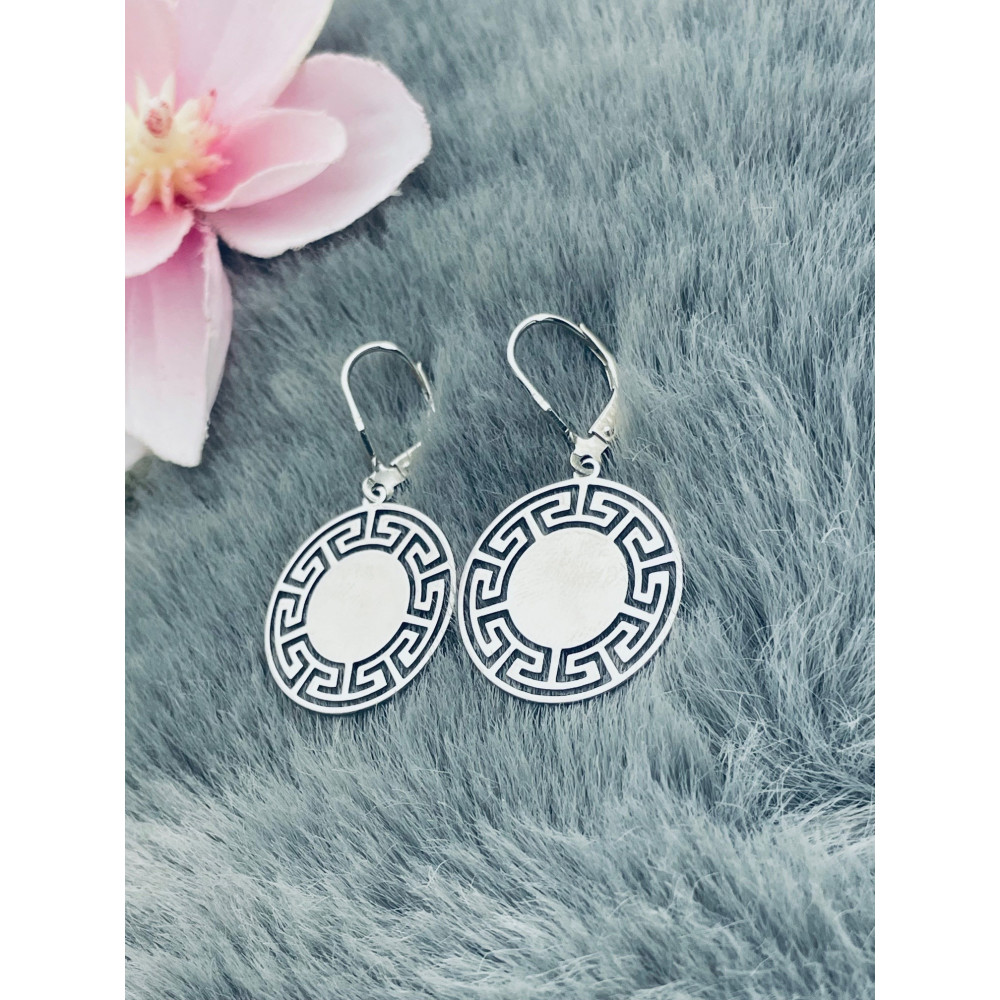 Srebrne kolczyki wiszące kółeczka kółka z greckim wzorem