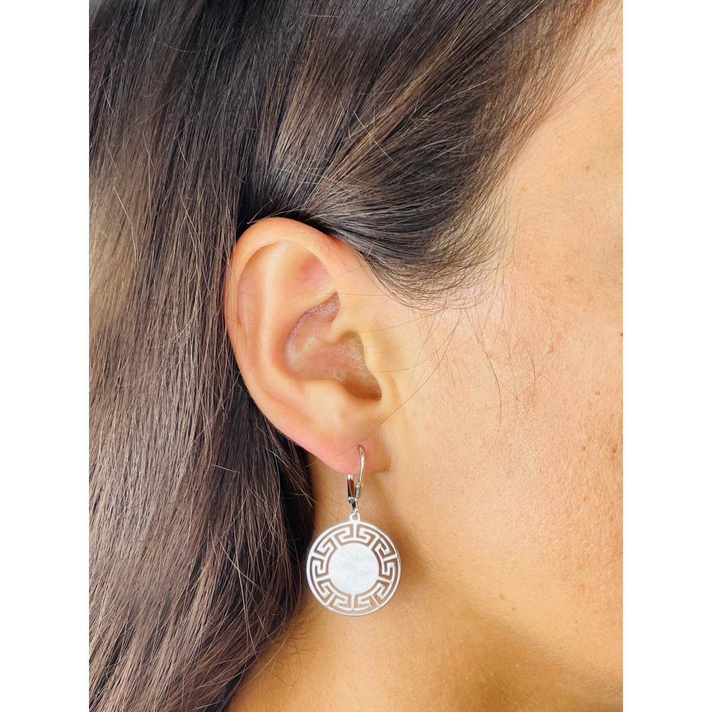 Srebrne kolczyki wiszące kółeczka kółka z greckim wzorem