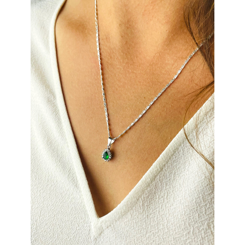 Srebrny wisiorek zawieszka łezka kropelka z cyrkoniami butelkowa zieleń karmazycja