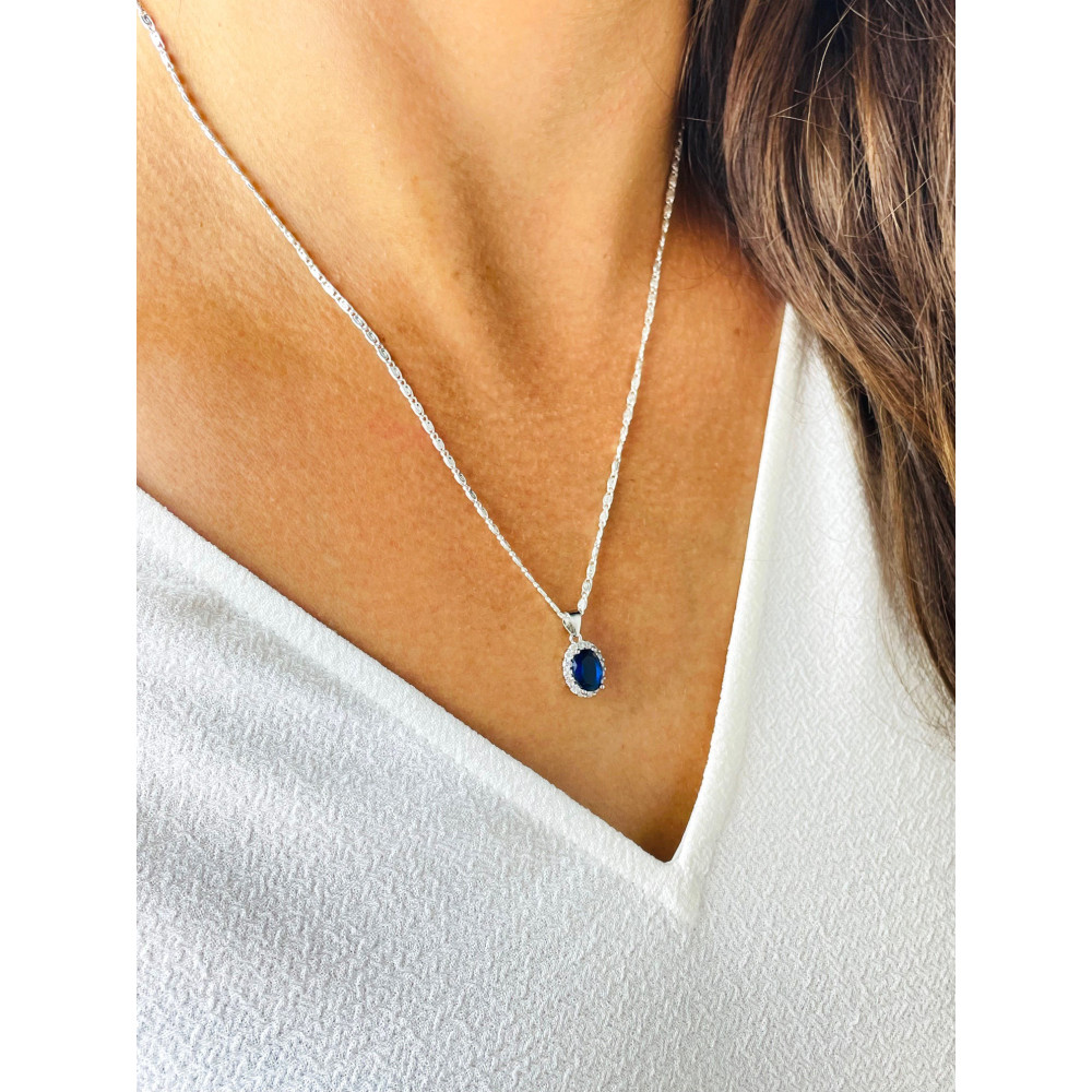 Srebrny wisiorek zawieszka owalna z cyrkoniami szafirowa karmazycja