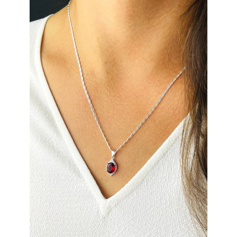 Srebrny wisiorek zawieszka kocie oko z cyrkoniami rubinowa karmazycja