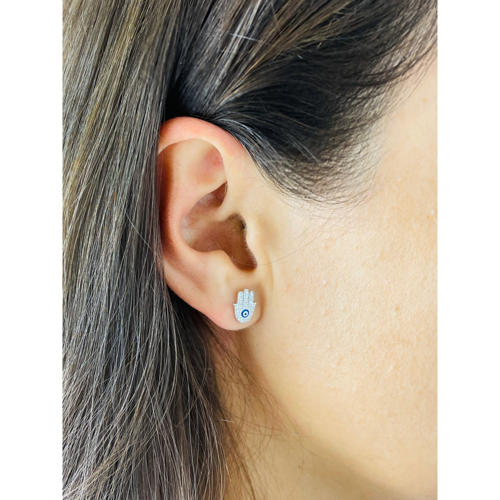 Srebrne kolczyki z cyrkoniami Ręka Fatimy z emalią