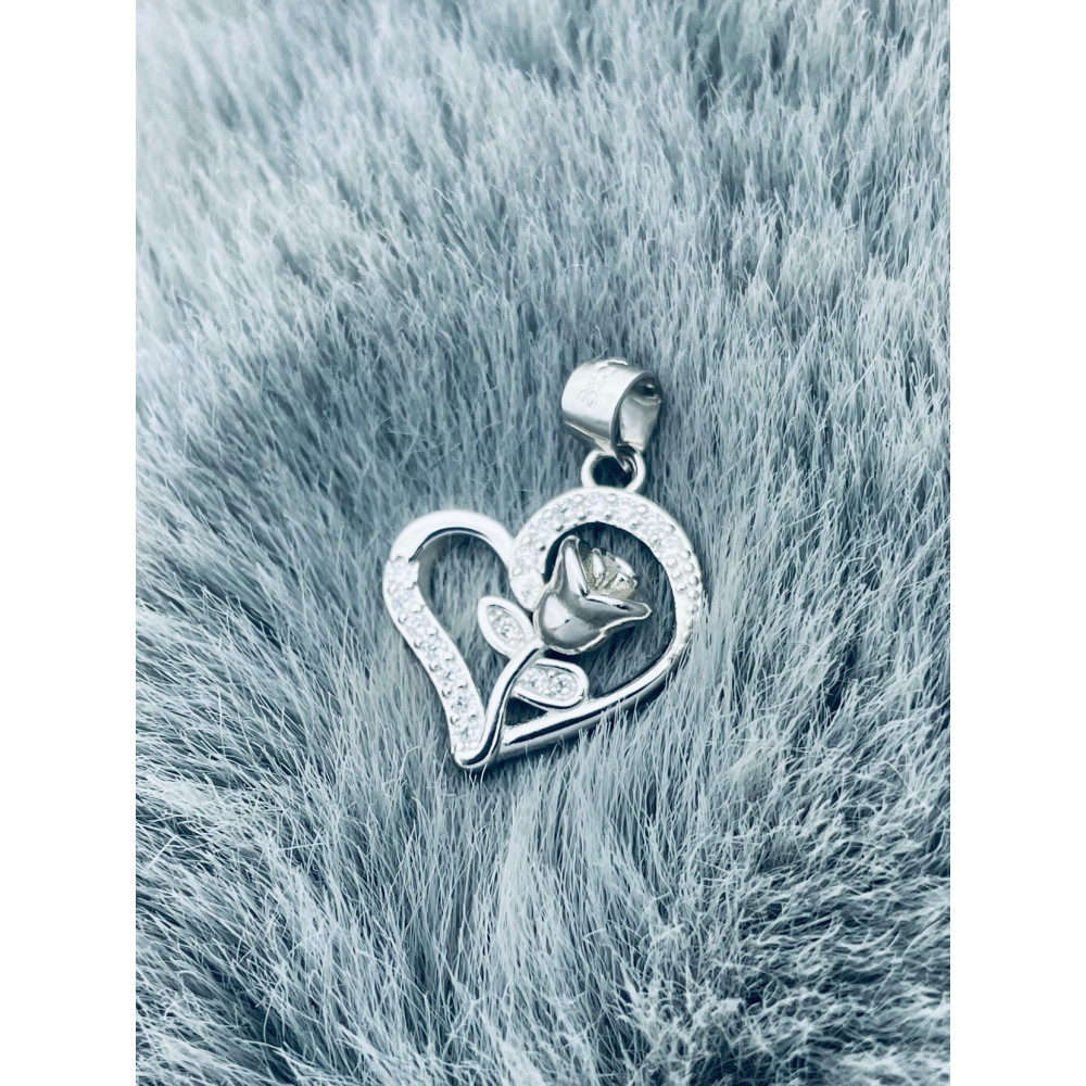 925 Silber Damen Medaillon Anhänger Rose und Herz mit Zirkonia