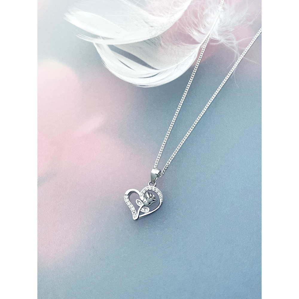 925 Silber Damen Medaillon Anhänger Rose und Herz mit Zirkonia