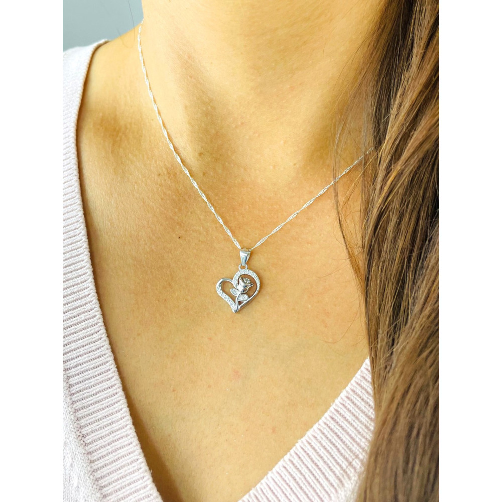 925 Silber Damen Medaillon Anhänger Rose und Herz mit Zirkonia